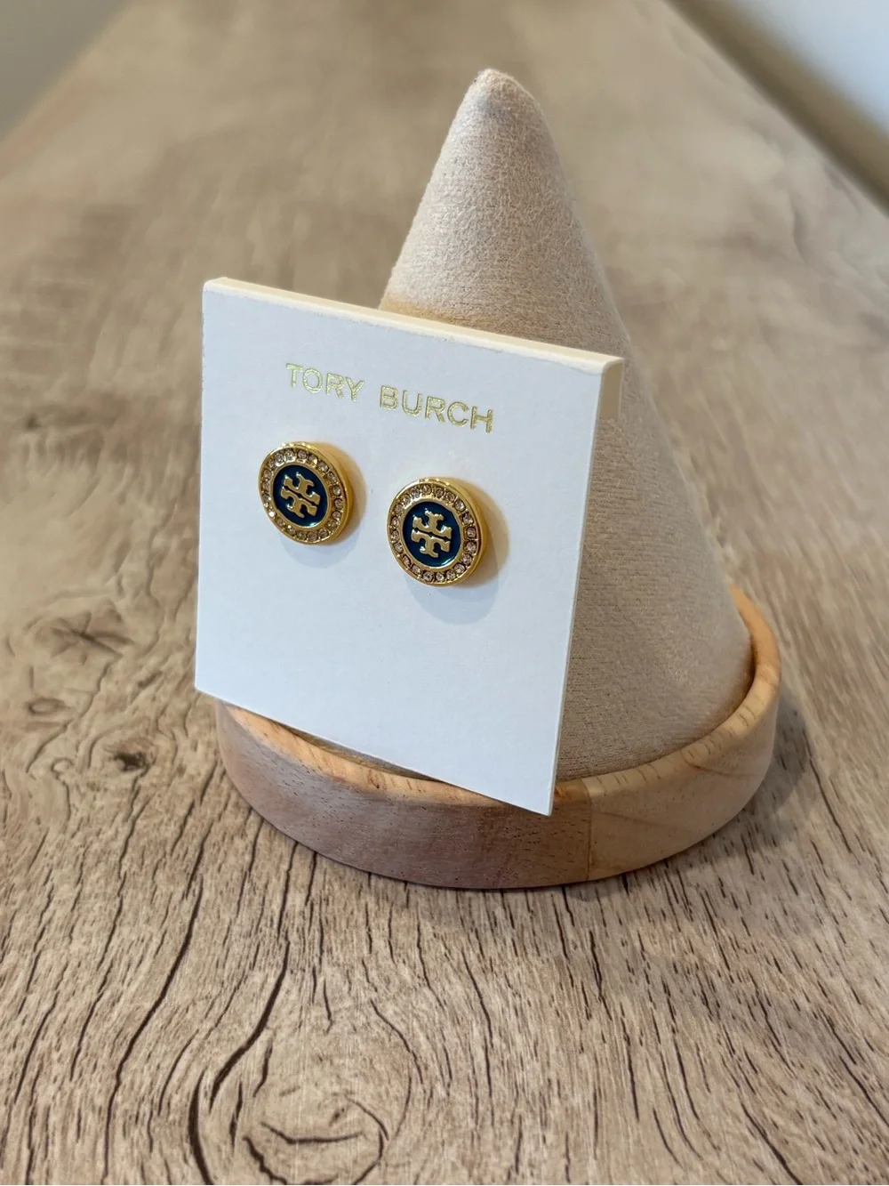 Tory Burch Gold and Blue Enamel Logo Crystal Stud Earrings